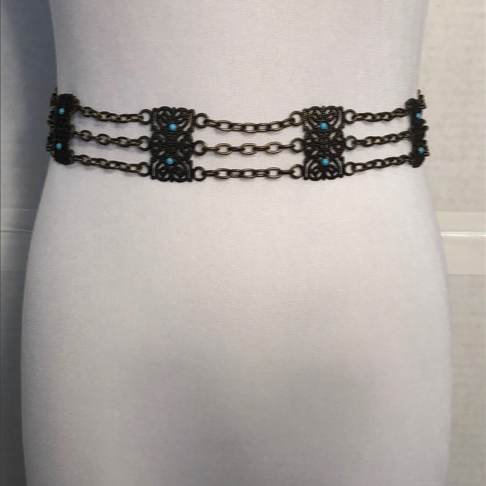 Vintage South Western Style Chain Faux Bronze & Turquoise Chain Belt
